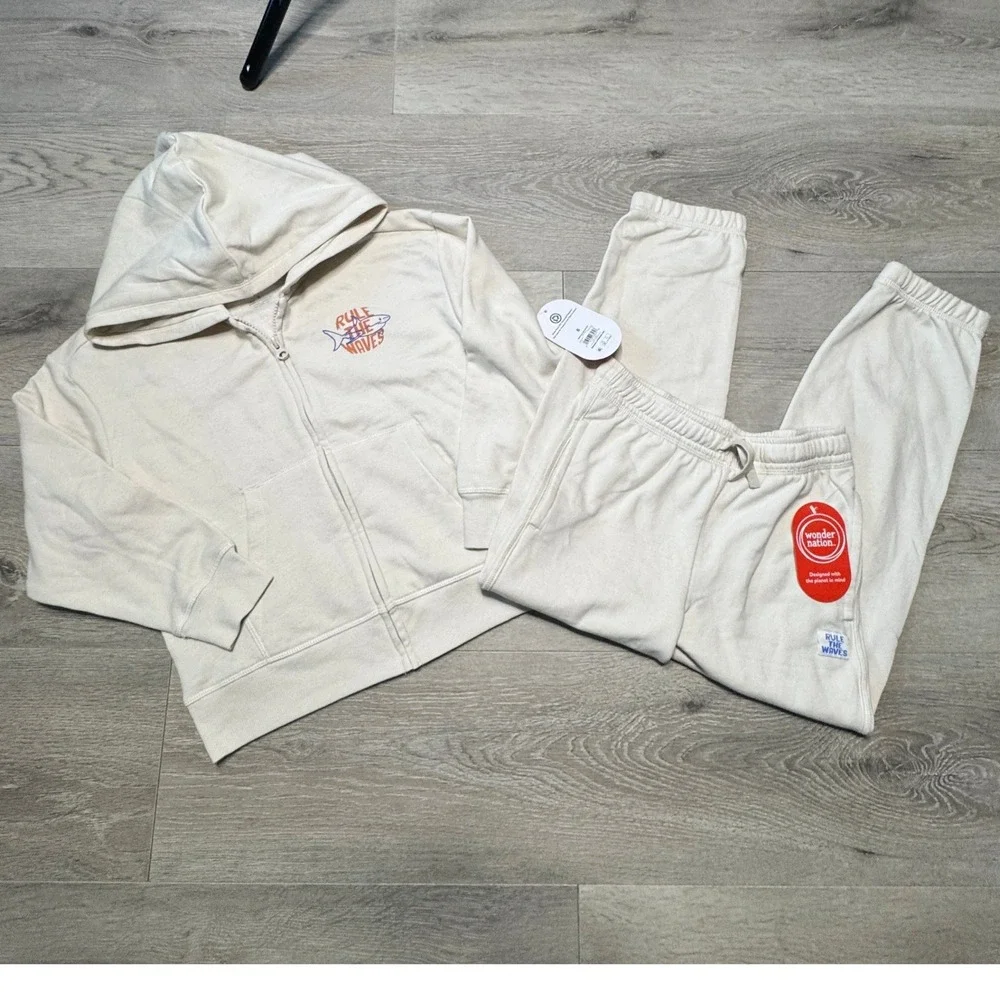 NWT Wonder Nation Boys Cream Rule the Waves Shark Hoodie and‎ Joggers Set Size 8